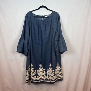 Westport Womens Blue Bell Sleeve Embroidered Floral Shift Dress 16W Boho Classic